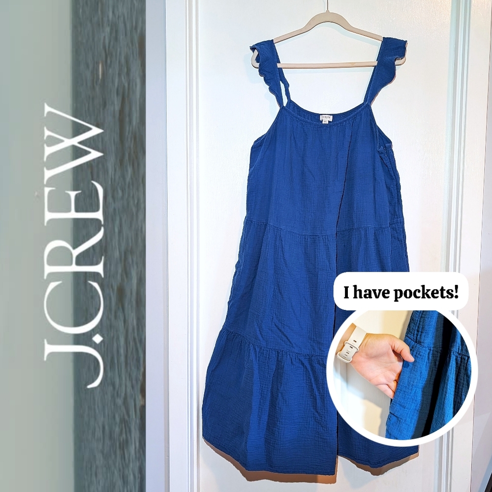 J. Crew Ruffle-Straps Maxi Blue Gauze Tiered Dress with Pockets Sz XXL